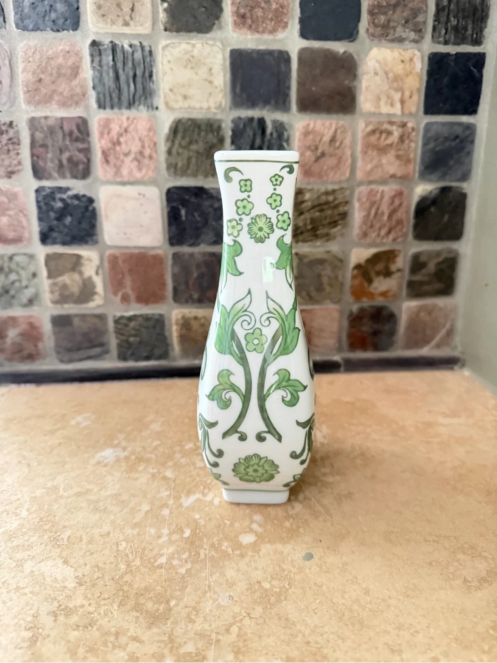 Green and White Floral Chinoiserie Ceramic Vase